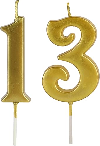 Gold 13th Birthday Candles for Cake, Number 13 1 3 Glitter Candle Party Anniversary Cakes Decoration for Kids Women or Men