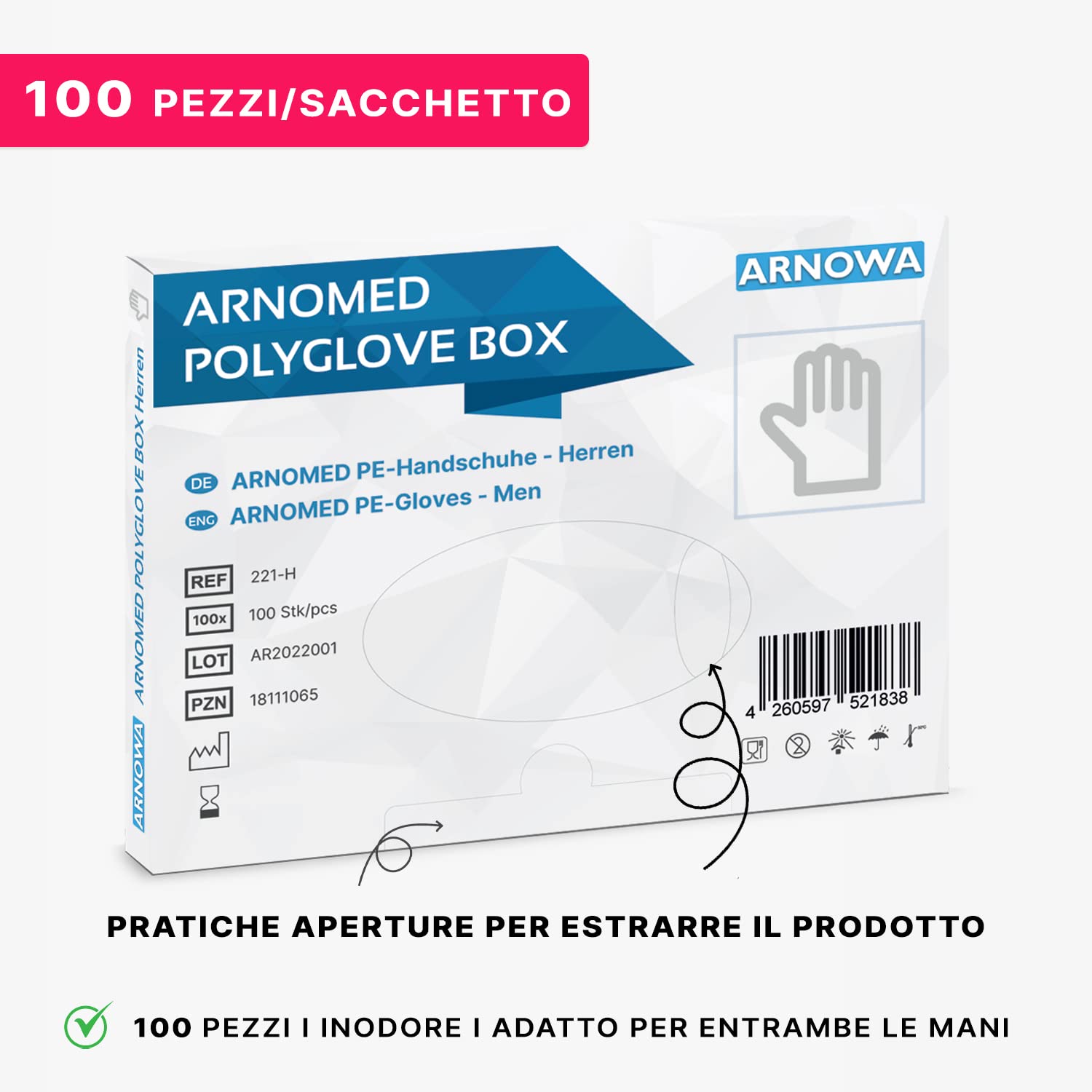 ARNOMED Guanti monouso in PE da marito, 100 pezzi guanti usa e getta per box, guanti plastica domestici per alimenti, guanti trasparenti monouso protettivi per tinte capelli, guanti sottili