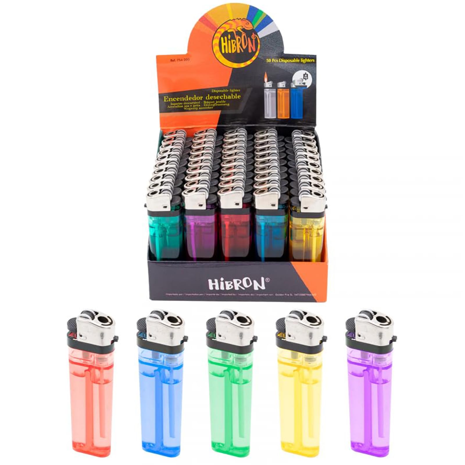 HIBRON – Pack de 50 Mecheros Desechables de Colores Translúcidos | Encendedor Clásico con Piedra y Llama Regulable