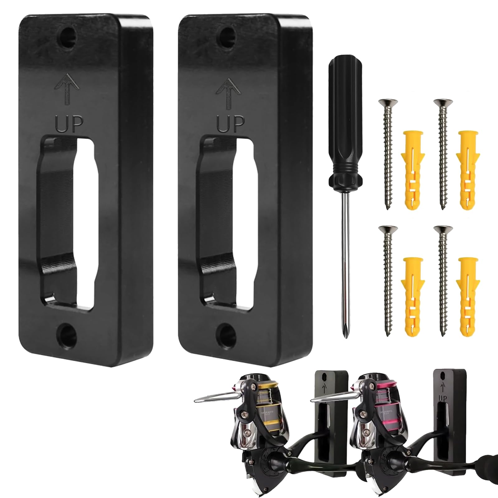 Lechengjia 2 Sets Spinning Reel Organizer Holder, Fishing Reel Wall Mount Rack with screwdriver and expansion screws Suitable Spinning wheel fishing reel