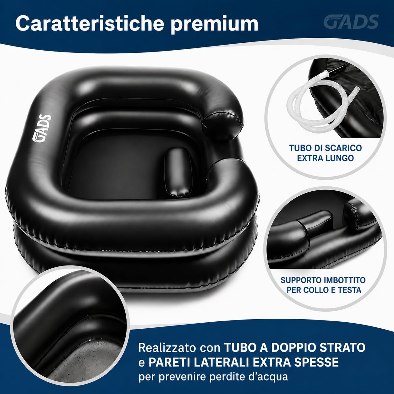 Lavatesta Gonfiabile Portatile – Per Lavaggio Capelli di Persone Allettate o Parrucchieri – Lavandino Nero
