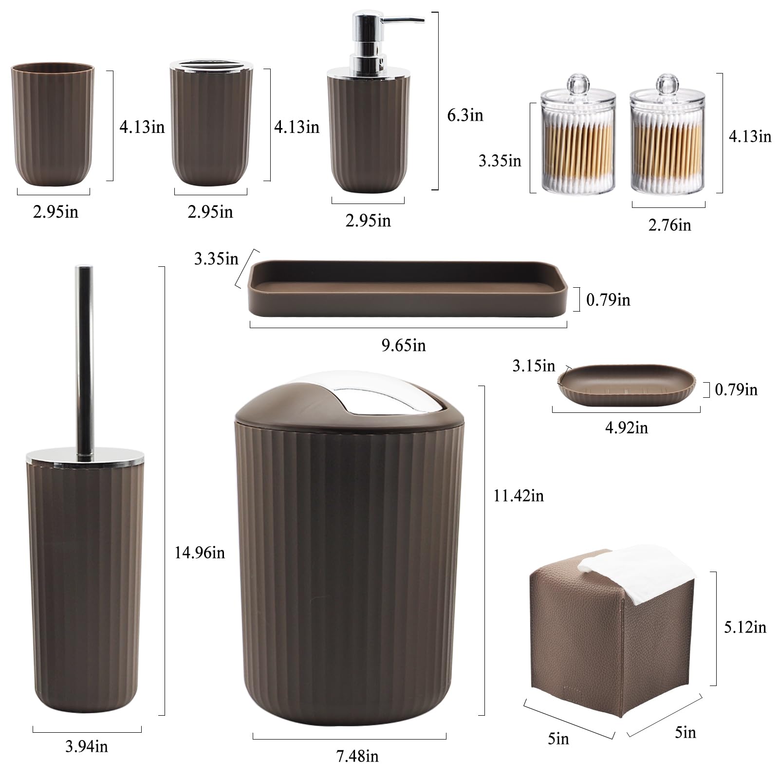 Set di accessori da bagno – Set di accessori da bagno marrone da 10 pezzi con cestino, portaspazzolino e tazza, dispenser per sapone, portasapone, portascopino WC, vassoio da toeletta, supporto Qtip