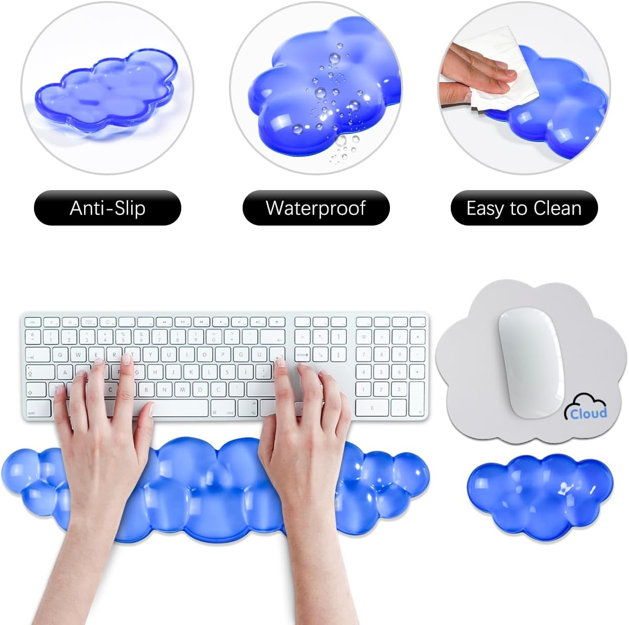JIKIOU Clear Gel Wrist Rest for Keyboard and Mouse, Cool Silicone Mouse Wrist Rest Set, Cute Ergonomic Wrist Rest for Keyboard Typing Pain Relief, Suitable for Office Computer Laptop Gaming Blue
