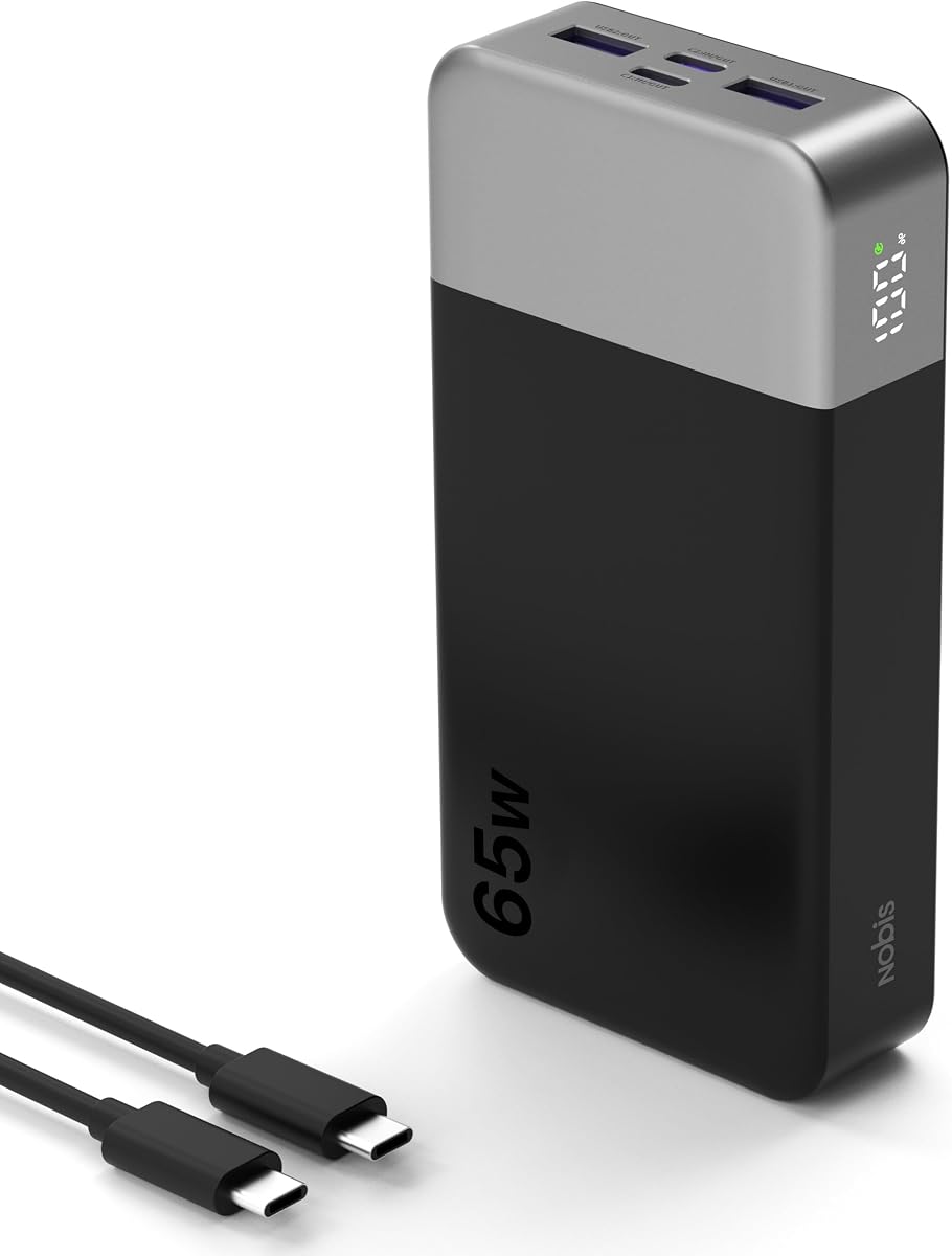 NOBIS 20000mAh Cargador portátil 65W Power Bank Carga rápida | Paquete de batería con 2 USB-C (entrada/salida) y 2 USB-A, pantalla digital, banco de batería esencial para viaje para computadora portátil y teléfono 17