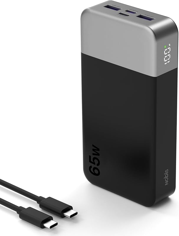 NOBIS 20000mAh Cargador portátil 65W Power Bank Carga rápida | Paquete de batería con 2 USB-C (entrada/salida) y 2 USB-A, pantalla digital, banco de batería esencial para viaje para computadora portátil y teléfono 17