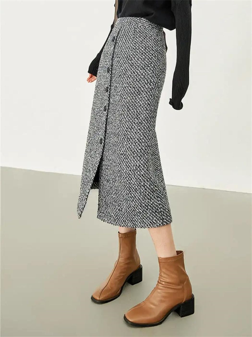 Women Tweed Maxi Skirt Button Down Split High Waist Trumpet Shape Elegant Office Long Skirt