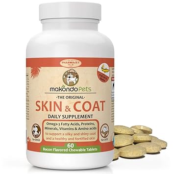 Skin and Coat Supplement for Dogs and Cats (Omega 3 Fish Oil, Vitamins, Amino Acids, Minerals) 60 Bacon Flavor Chewables.