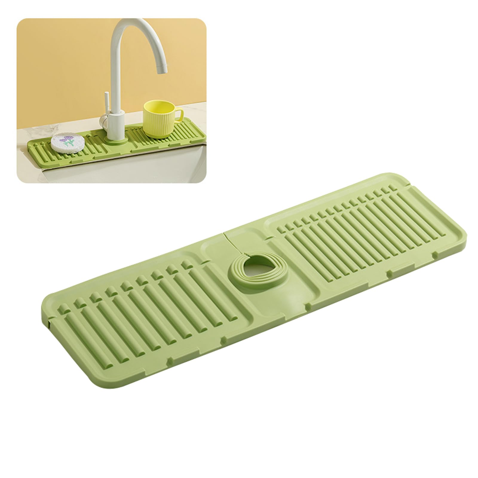 Faucet Mat for Kitchen Sink - 2024 Premium Upgrade: Enhanced Silicone Splash Guard with Rapid Drying & Dish Soap Sponge Holder, Perfect for Stone Sinks in Kitchen & Bathroom (Green, 1 Pack)