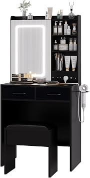 Aptliton LED Dressing Table with Mirror & Lights, Charging Station, Stool