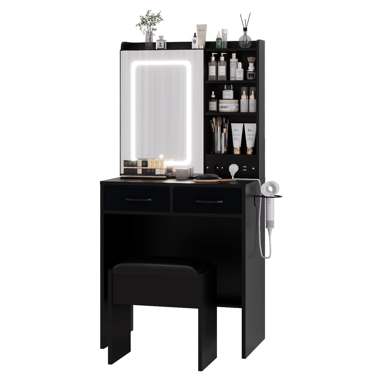 LED Lighted Vanity Desk with Mirror, Makeup Vanity Table with Charging Station, 3 Lighting Modes, Cushioned Storage Stool, Touch Control, Bedroom Dressing Table Furniture, 60 x 40 x 140cm, Black