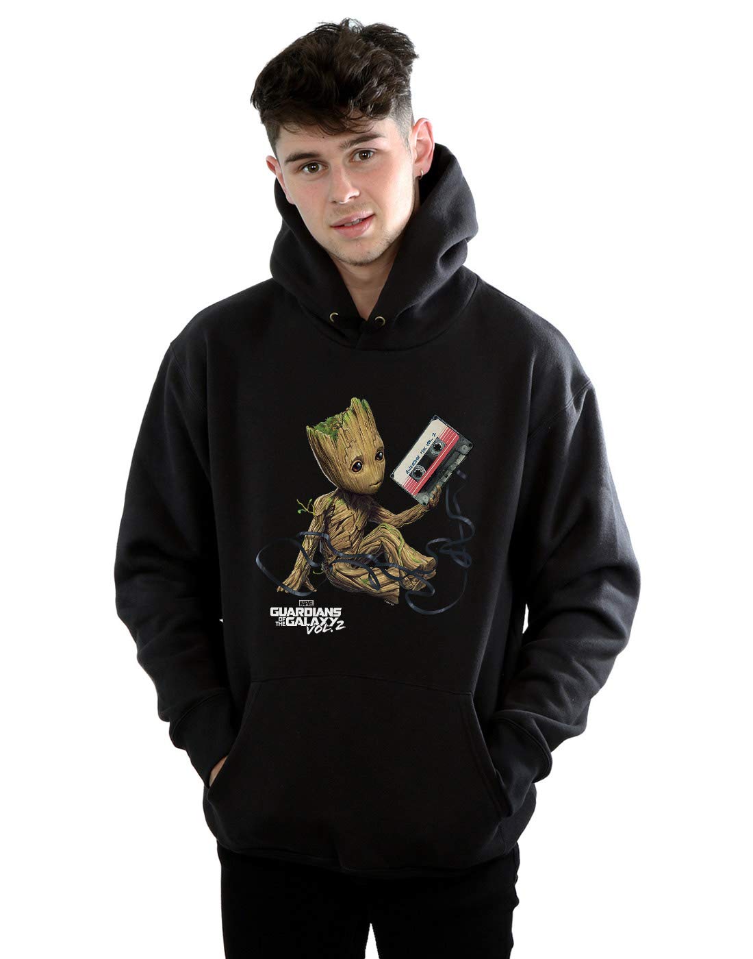 Absolute Cult Men's Black Marvel Guardians Of The Galaxy Groot Tape Hoodie Small