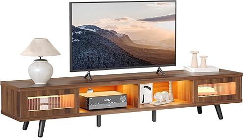 Miniatura 9 de Bestier Soporte de TV moderno de mediados de siglo para TV de 75 pulgadas, centro de entretenimiento LED con almacenamiento y puertas correderas,