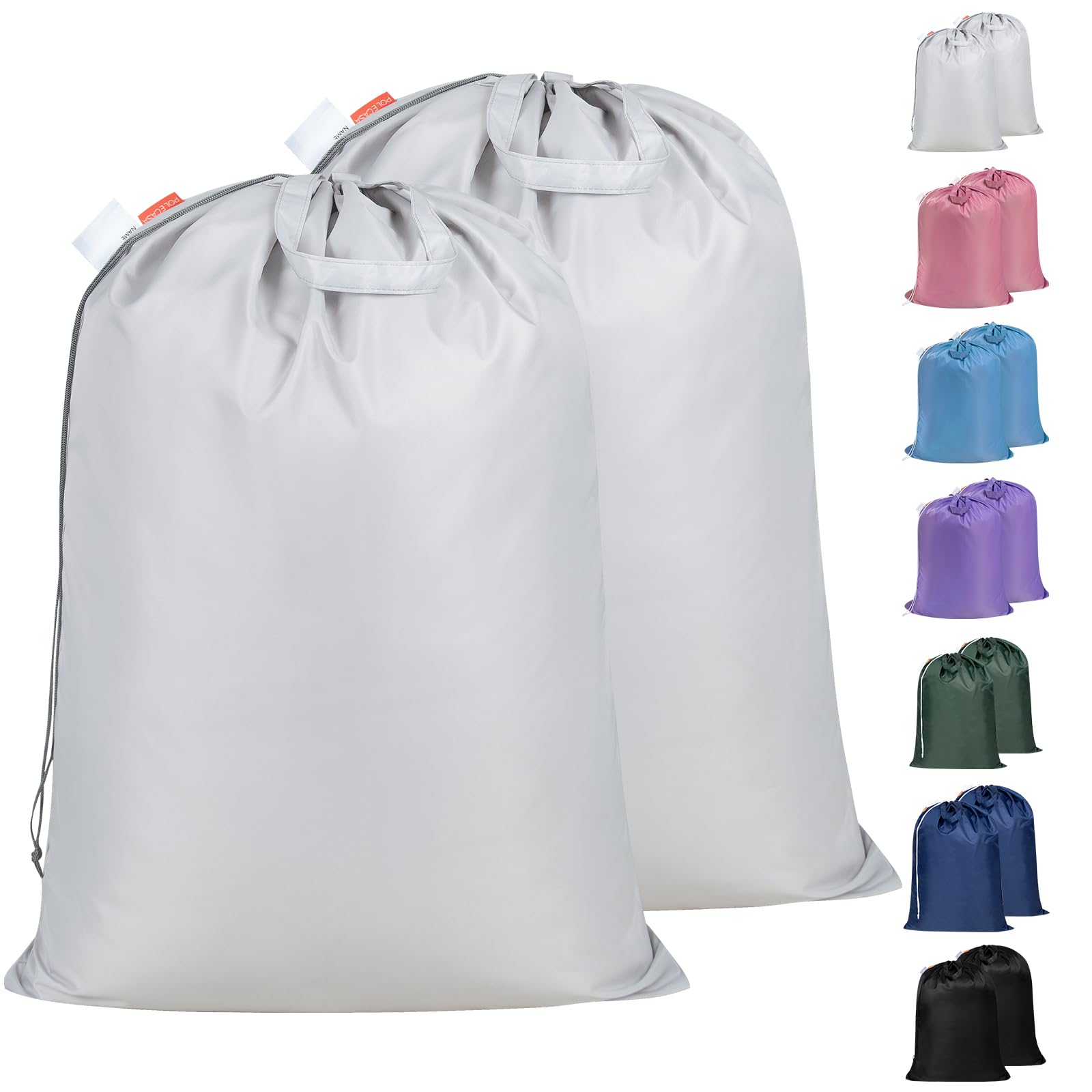 Polecasa Extra Heavy Duty Laundry Bags w/ID Tag, 2 Pack X-Large Waterproof Dirty Clothes Drawstring Bag with 130gsm Tear Resistant Fabric, Washable Laundry Liner for Hamper, Ideal for Travel, Silver