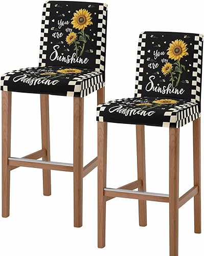 Juego de 2 fundas elásticas para taburete de bar con diseño de girasoles y flores de granja vintage, a cuadros, elásticas, extraíbles y lavables,