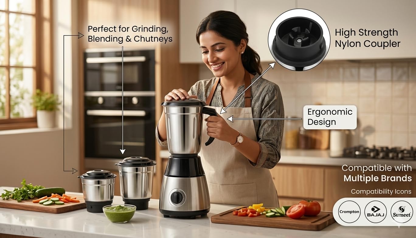 Mixer Grinder Jar Set – 3 Jars (300ml + 600ml + 1200ml) | Stainless Steel Jars with Durable Nylon Base | 4-Teeth Heavy-Duty Nylon Coupler | Compatible with Ba-jaj, Crom-pton, Sumeet & More — Amazon image 4
