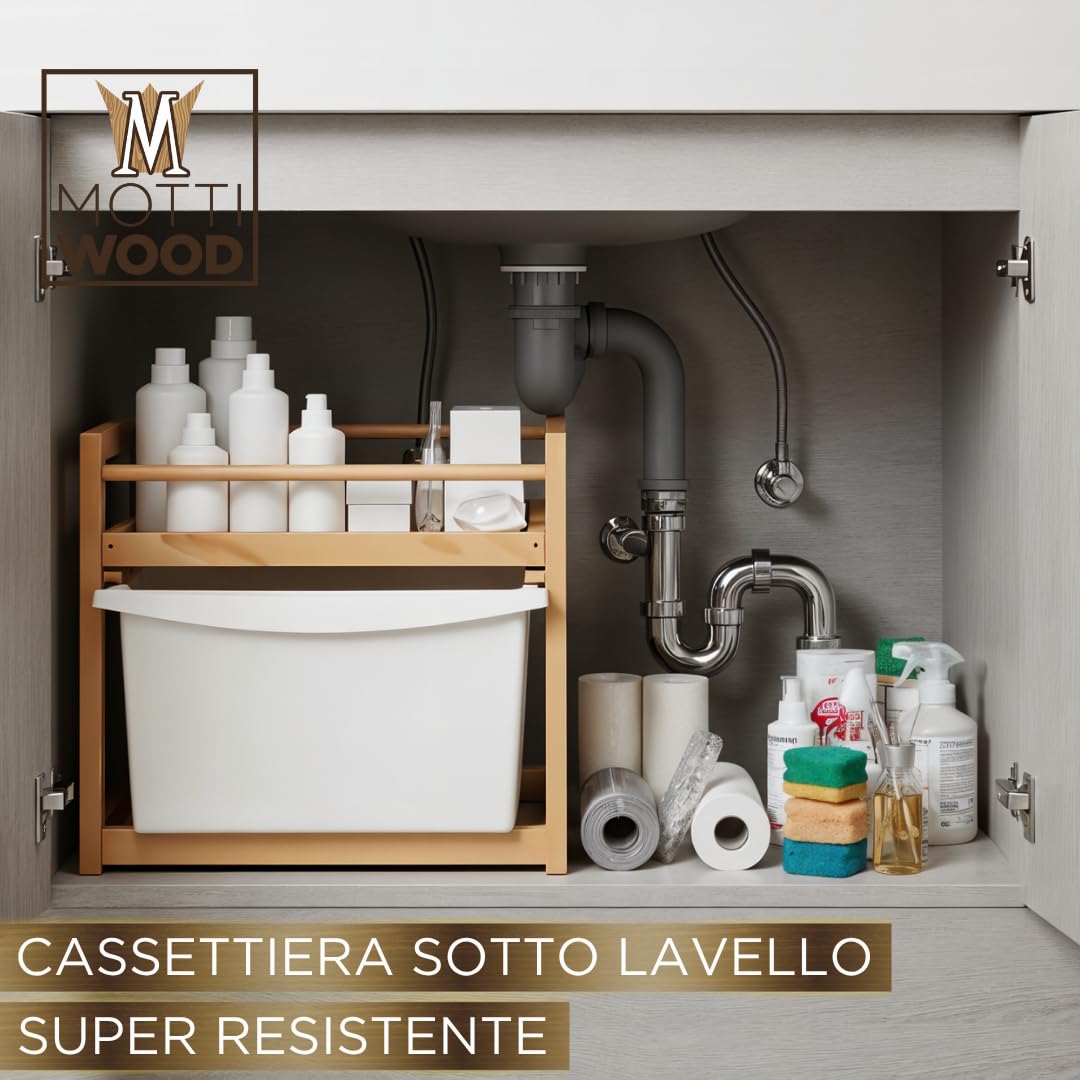 Cestello Sottolavello, Cassettiera Sottolavello 1 Ripiano, Misure 34 x 36 x 30h, Salva Spazio in Legno Di Faggio, Made In Italy