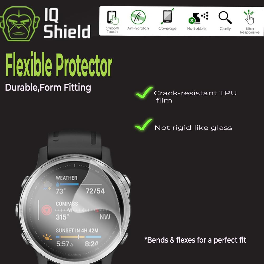 IQShield Lot de 6 films de protection d'écran pour Garmin Fenix 6S / 6S Pro/Fenix 6S Sapphire/Fenix 6S Pro Solar, facile à installer, anti-rayures, anti-bulles, film TPU transparent