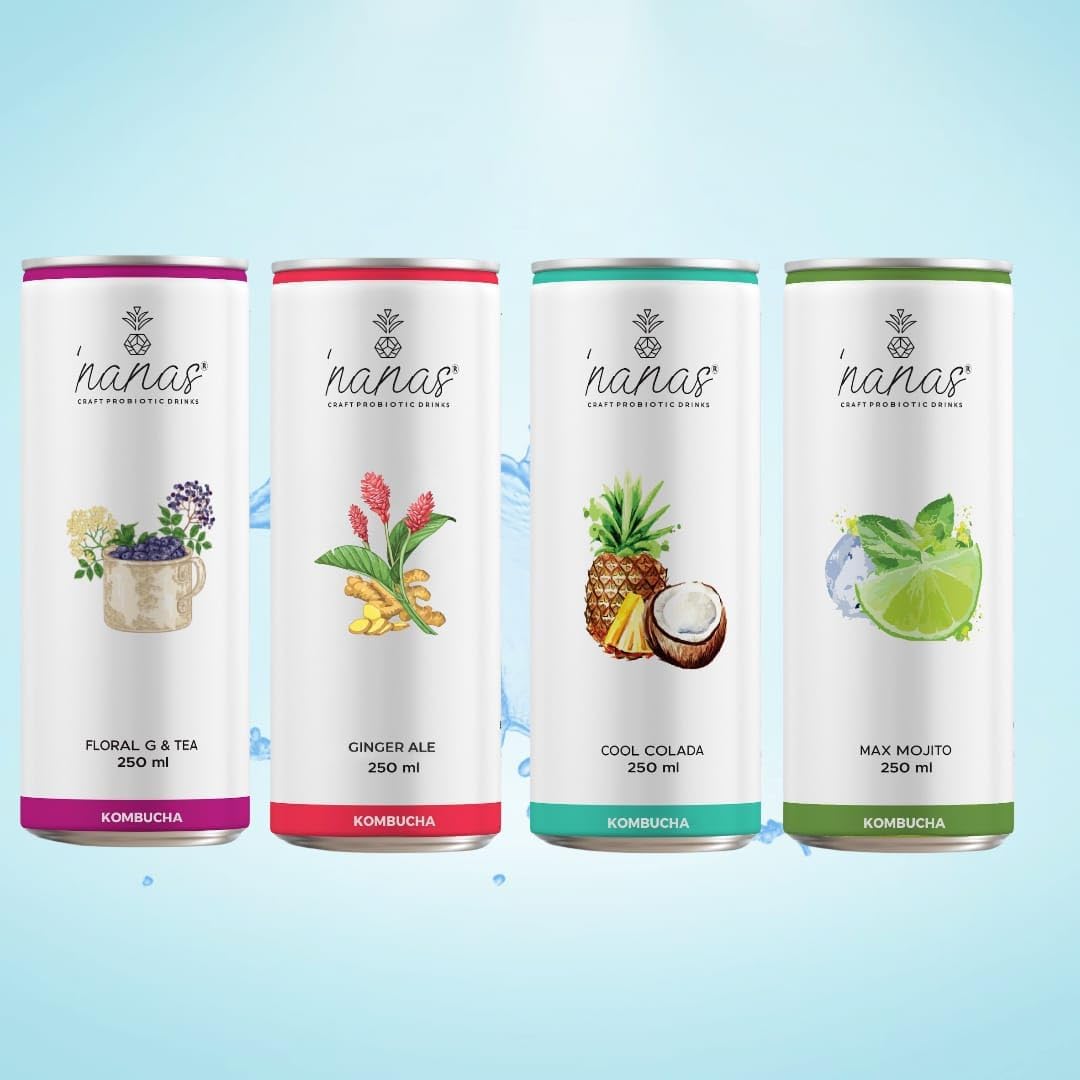 NANAS CRAFT PROBIOTIC DRINKS Sparkling Fermented Probiotic Kombucha Tea Trial Pack, Elderflower, Ginger lemon, Mint Lemon, Coconut Pineapple, 250 ML, Pack of 8 (B0D12ZMY7Z) Amazon Price History, Amazon Price Tracker