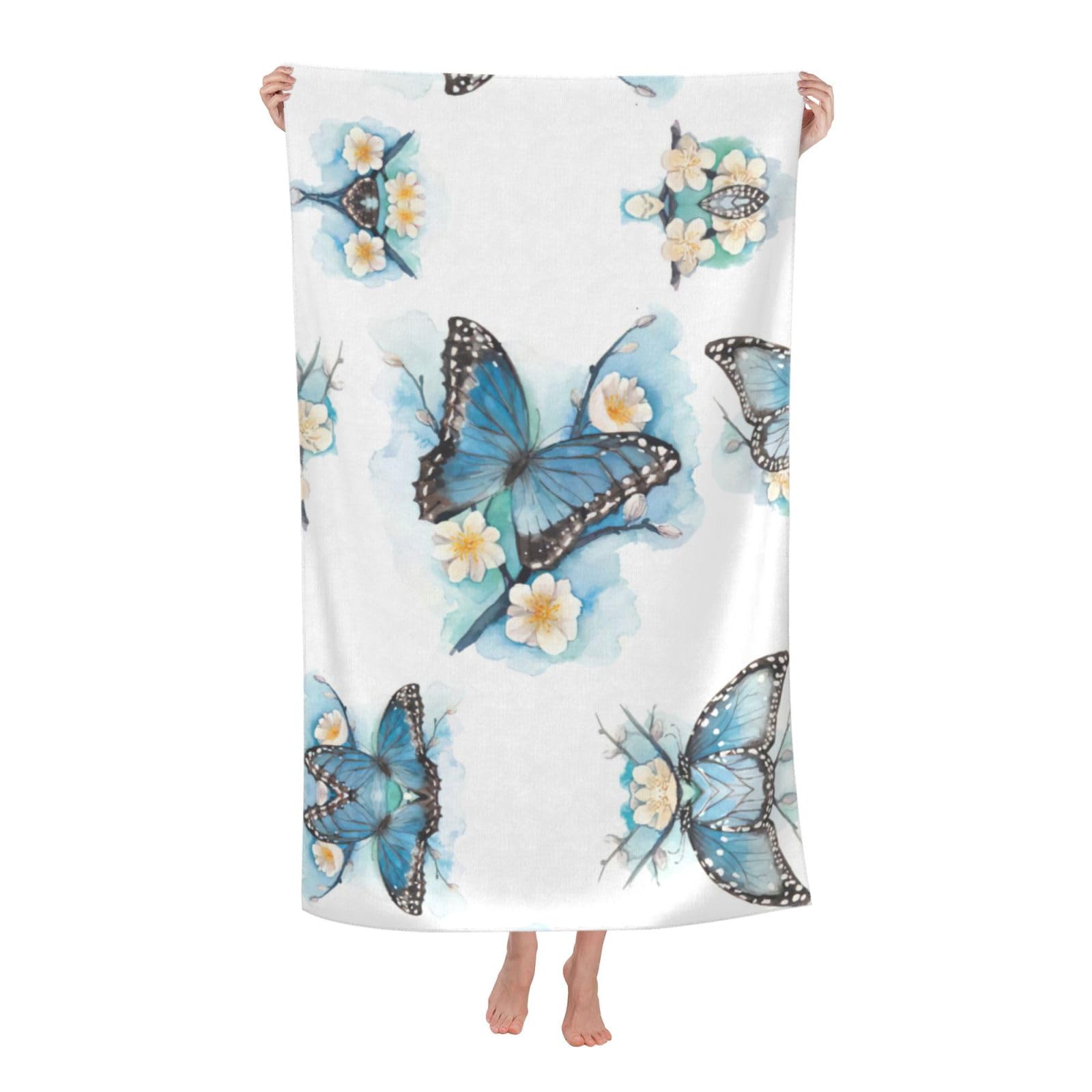 Oazcvbnn Women's White Blue Butterfly On Blossom Flower Print Adult Beach Towel Summer Travel Pool Vacation Swimming Fitness Outdoor Adventures