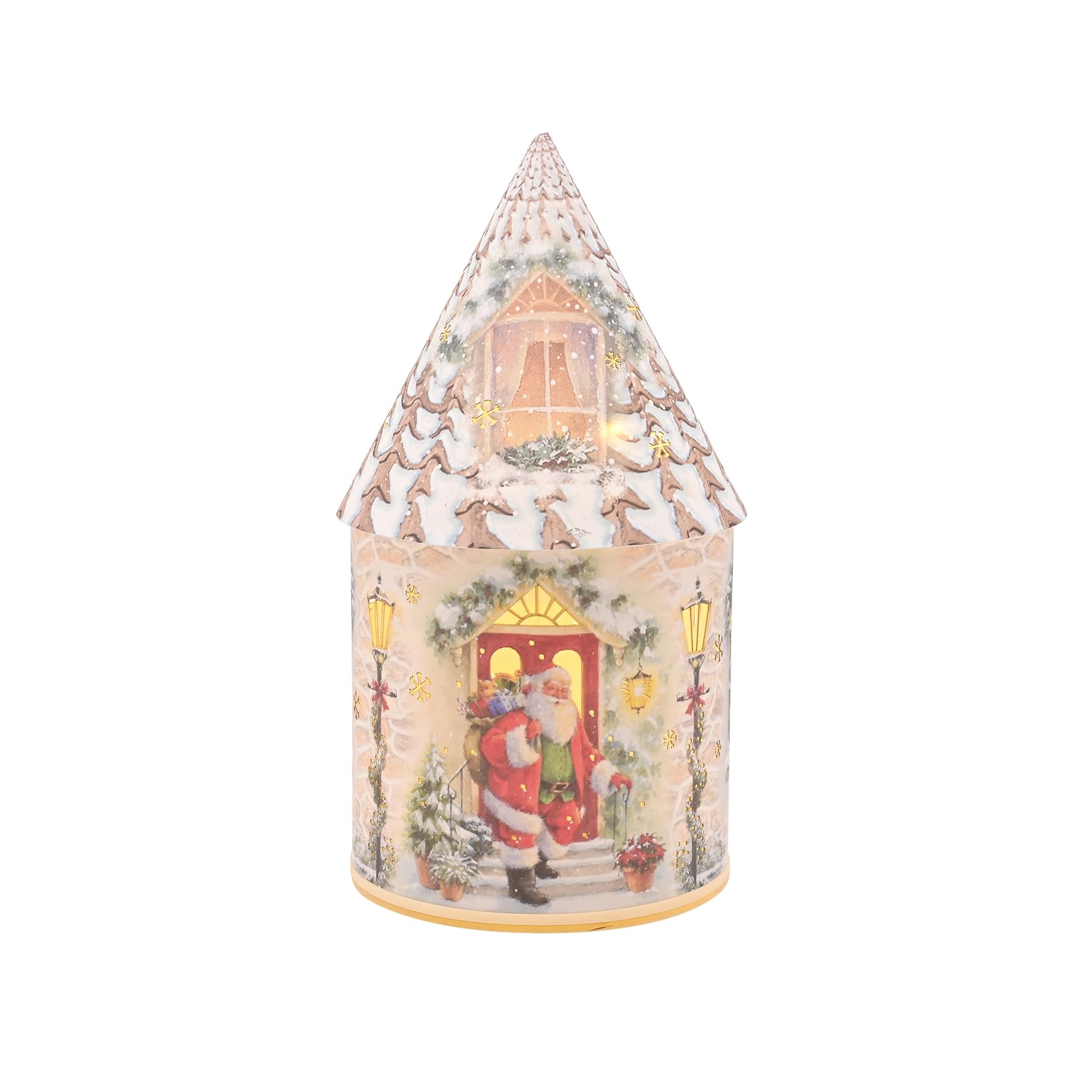 Widdop And Co Multicolour Widdop Regal Tidings Led Round House Lantern – Father Christmas At The Door Scene – Festive Light Up Christmas Decoration