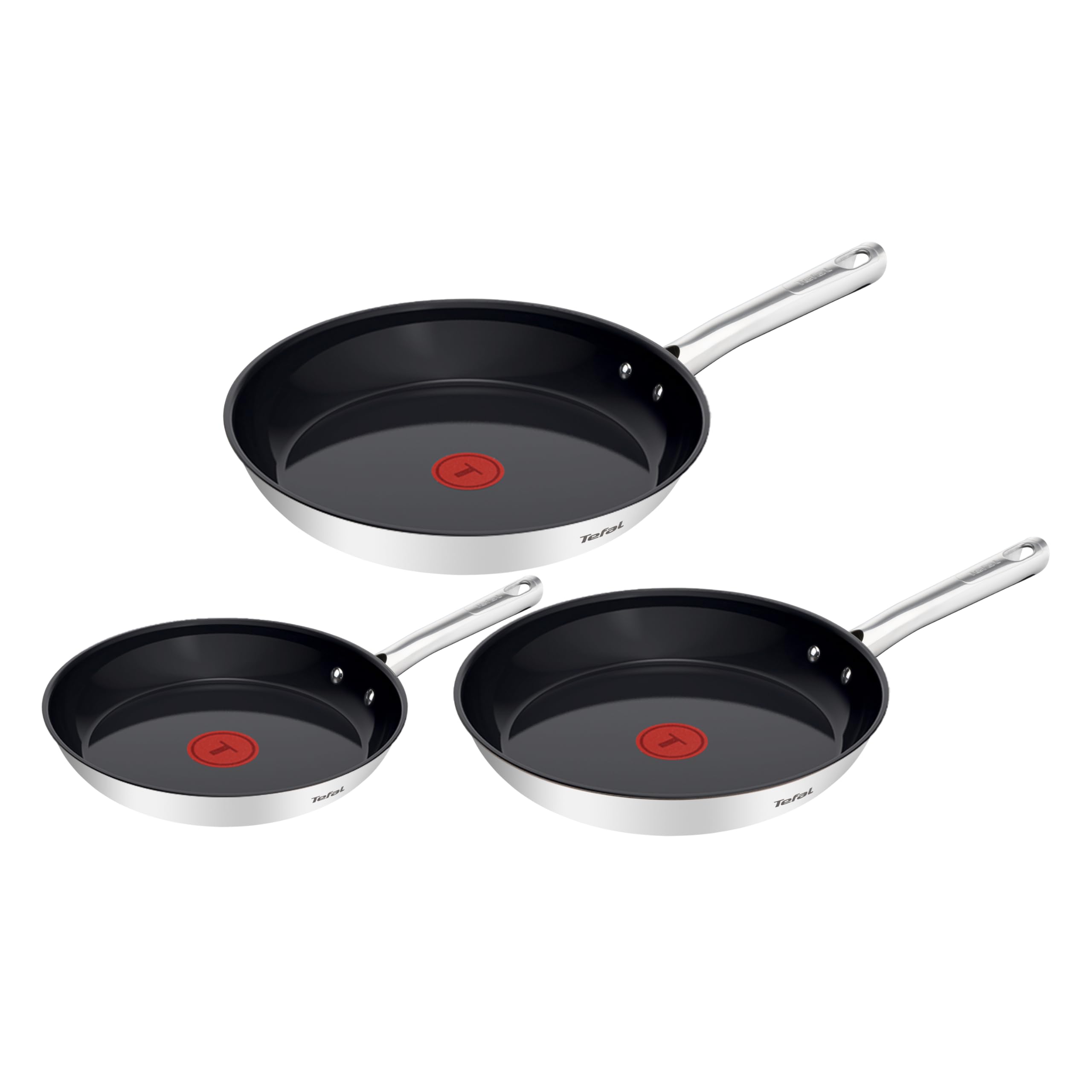 Tefal Duetto On G766S334 3-częściowy zestaw patelni 20/24/28 cm, ceramiczna powłoka nieprzywierająca, sygnał termiczny, nitowany uchwyt, nadaje się do wszystkich rodzajów kuchenek, stal nierdzewna