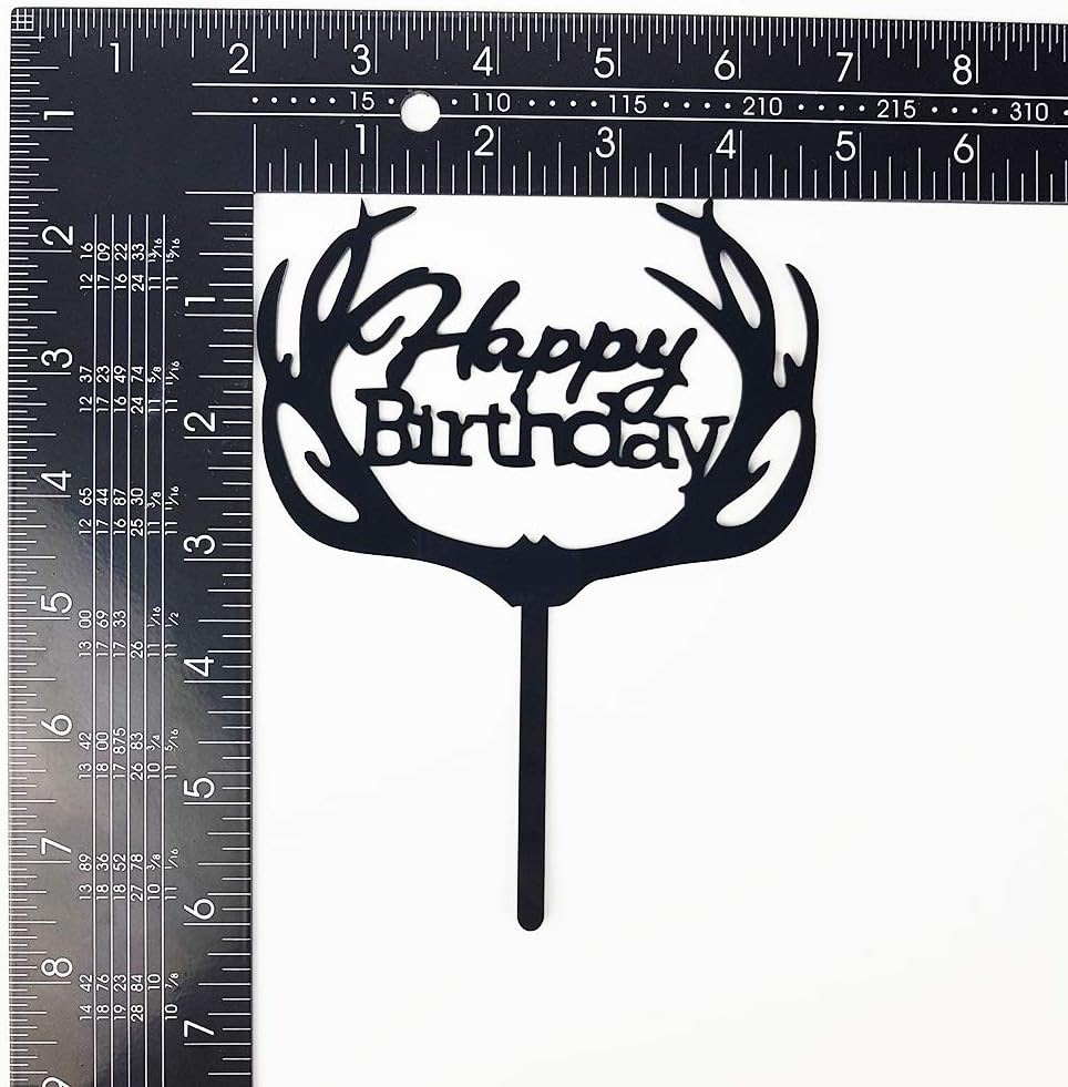 Antlers Happy Birthday Cake Topper Party Decorations (Black Acrylic)