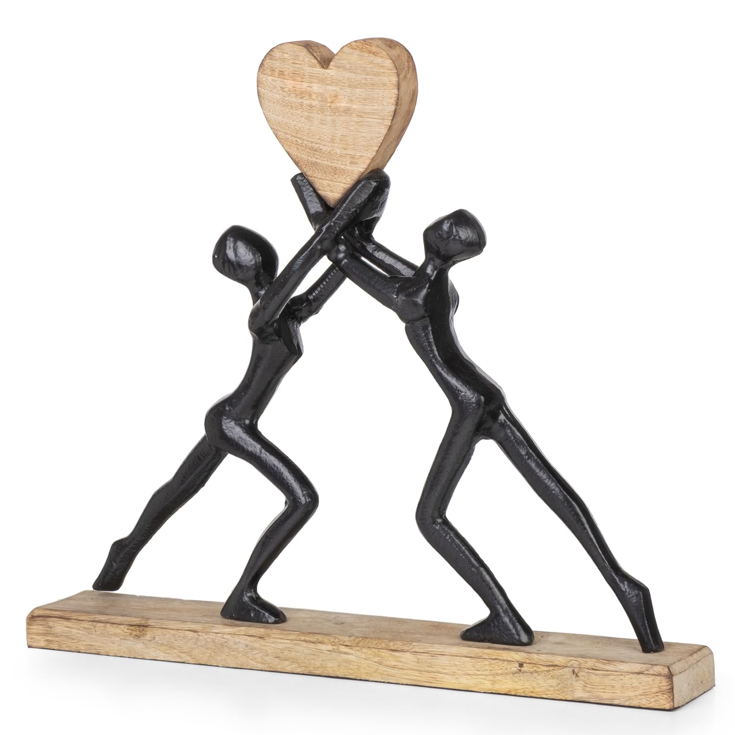 Nowoczesna rzeźba z aluminium i drewna 38 x 6 x 33 cm - figurka dekoracyjna z sercem na cokole z drewna mango - symboliczna dekoracja figury dla miłości, przyjaźni, spójności, partnerstwa