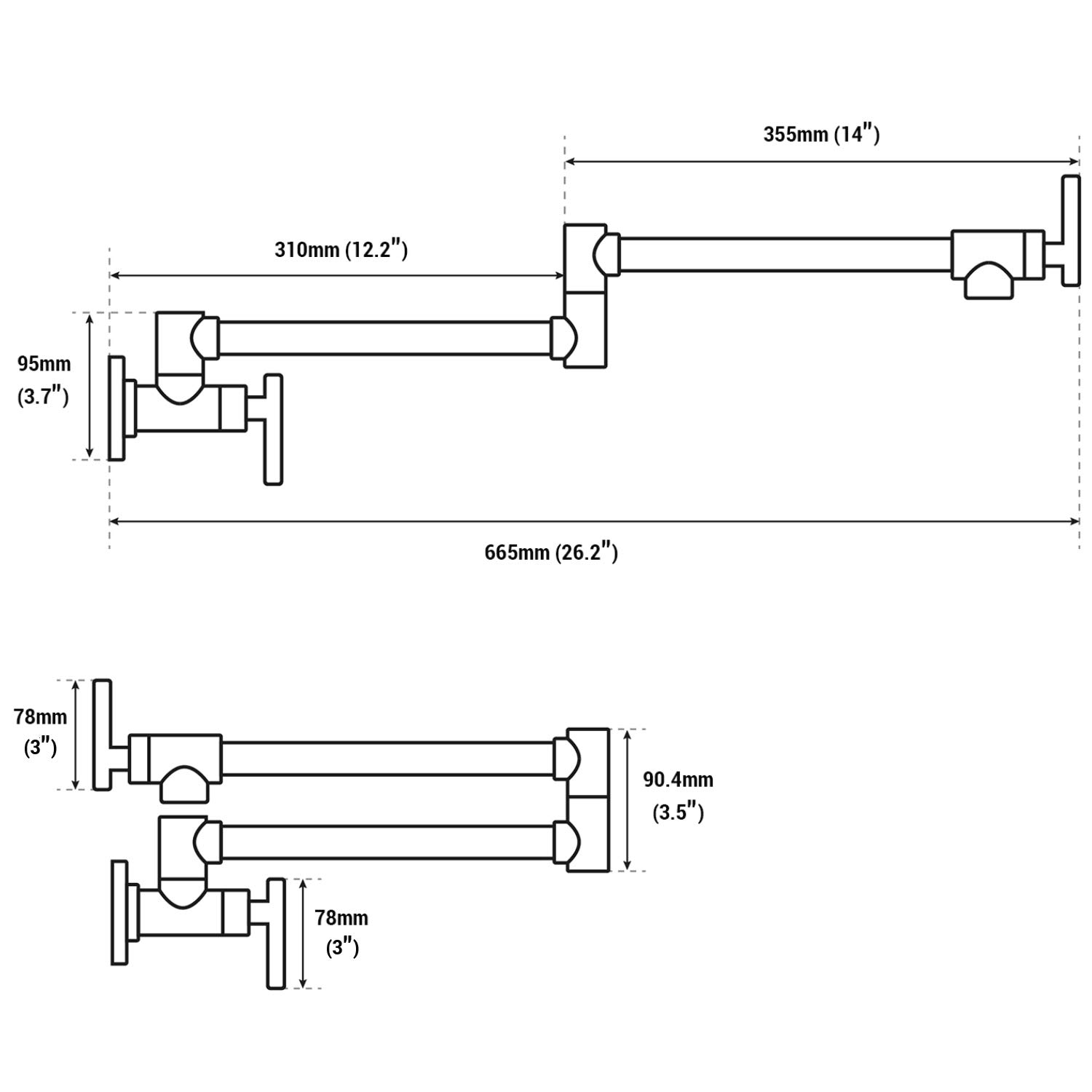 Grifo de llenado de pote KPF-13012BN, 2 manijas válvula montada en la pared de acero inoxidable comercial fregadero olla relleno con doble articulación brazo plegable estirable, níquel cepillado