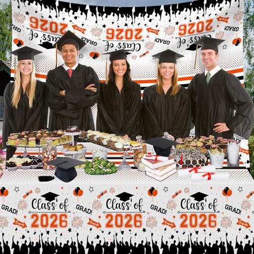 Image of Graduation Decorations Class of 2026 Tablecloth - 3 Pcs Plastic Congrats Grad Table Cloth, Graduation Table Cover for Graduations Party Decorations 2026 and Party Supplies, 54 inchx108 inch (Orange and Black)