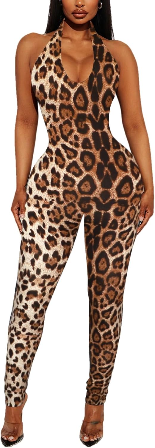 Women's Halter Bodycon Black Jumpsuits - One Piece Backless Leopard Summer Casual Workout Club Pants Rompers Outfits Catsuits - Image 2