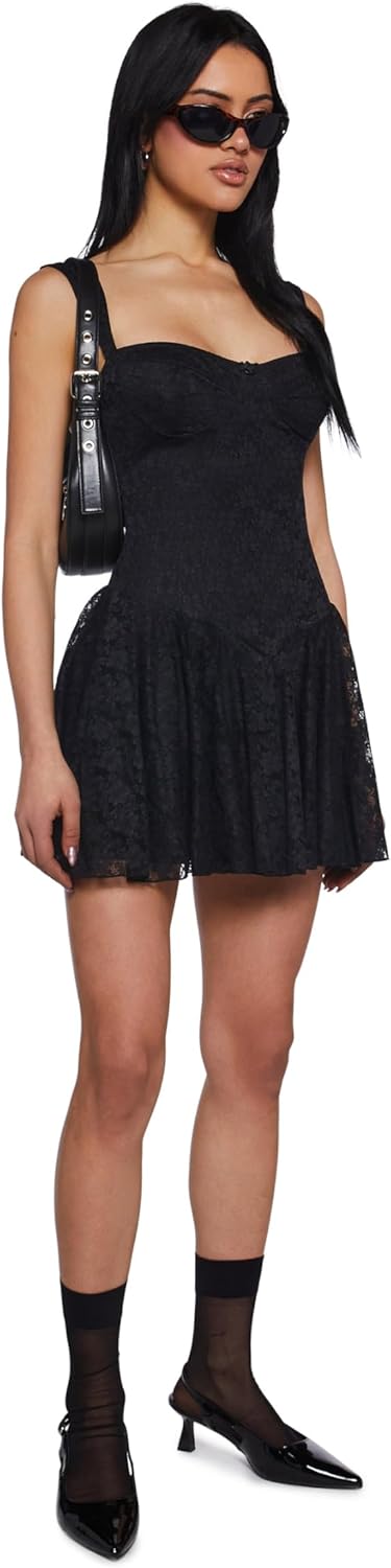 Dolls Kill Perfect Date Mini Dress by Sugar Thrillz – Lace Overlay Bustier Dress with Rosebud Detail and Flowy Skirt