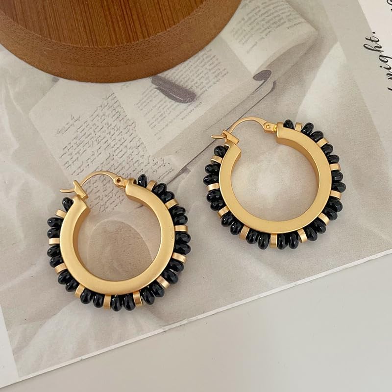 18K Gold Plated Hoop Earrings with Natural Stones, Bohemia Style, Sterling Silver Pin Safe to Sensitive Ears - Image 6