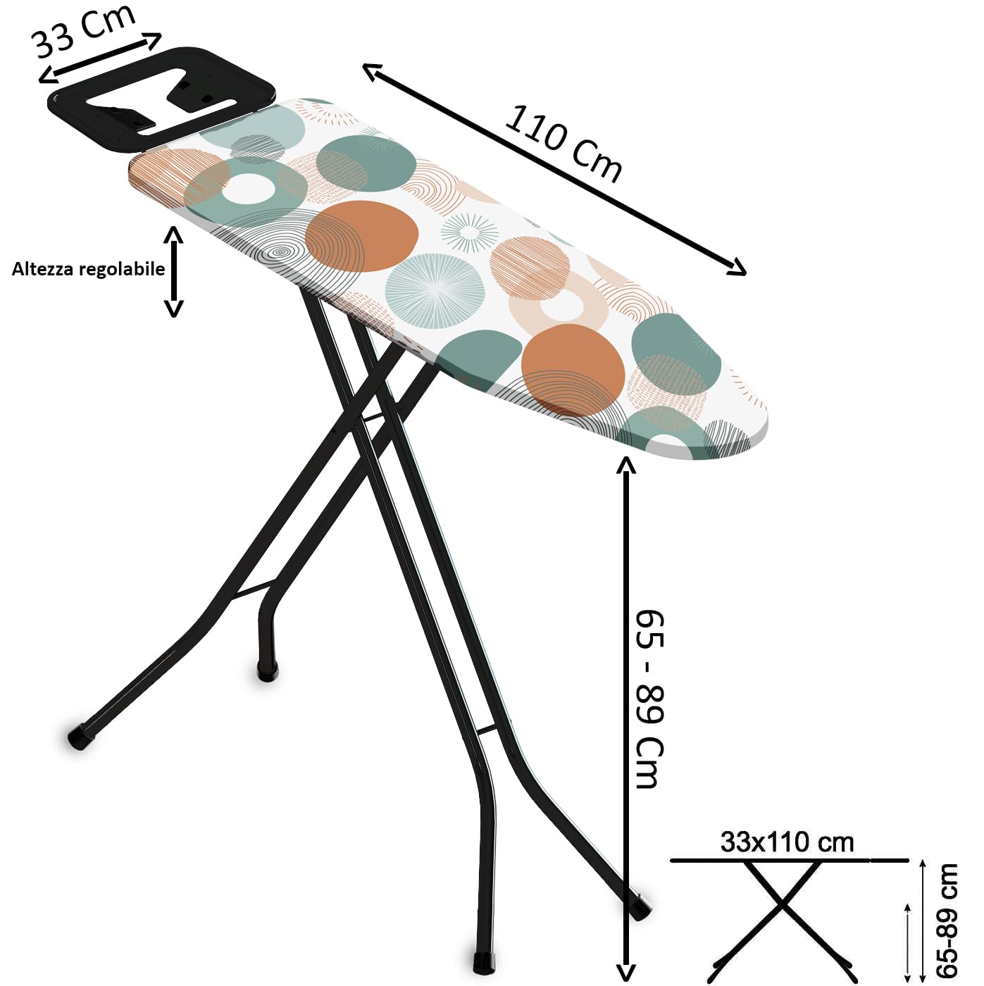 Asse da Stiro 33x110 cm - In Acciaio con Leva Pieghevole, Salvaspazio con Poggiaferro Integrato, Piedi Antiscivolo, Regolabile (Pois ASS-144)