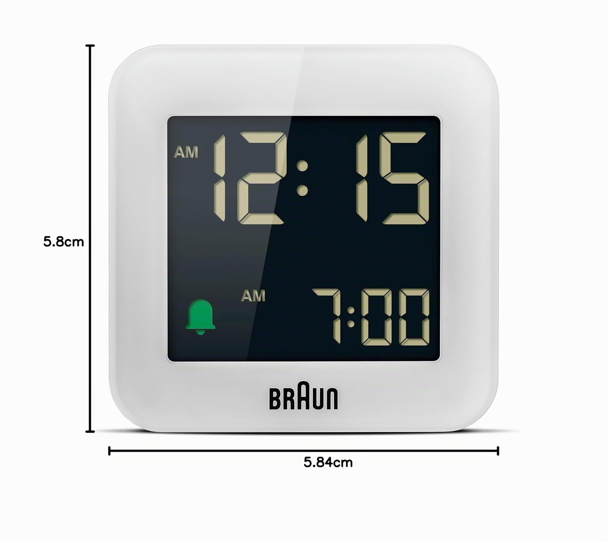 Braun Orologio Sveglia da Viaggio Digitale Funzione Snooze, Dimensioni compatte, Display LCD Negativo, Funzione Quick Set, Suono Sveglia Beep con crescendo, in Bianco, modello BC08W.
