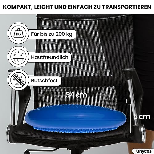 unycos - Ballsitzkissen inkl. Pumpe【Ø34 cm | Trägt 150 kg】Orthopädisches Sitzkissen Anti-Burst, Noppenkissen, Balance Pad, Luftkissen für Bürostuhl, Fitness, Reha/Koordinations (Blau; Basic)