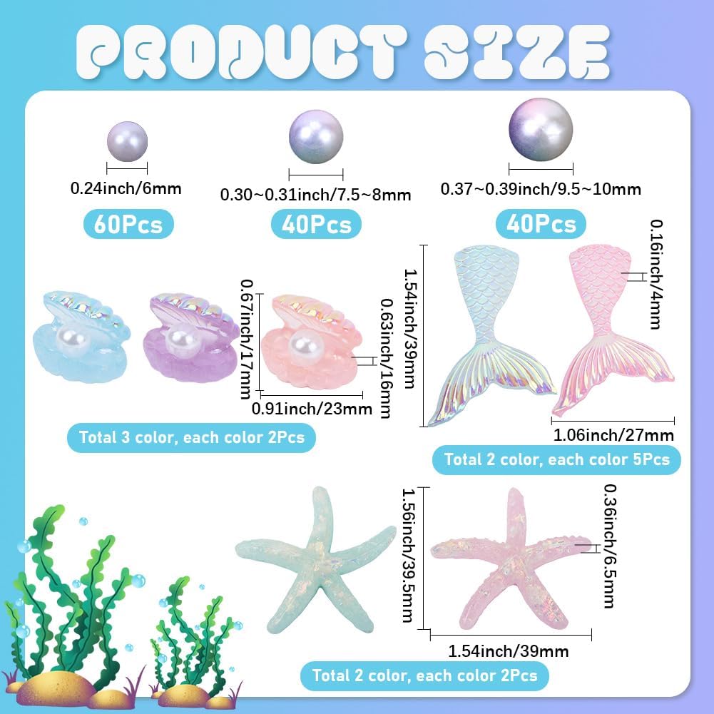 160Pcs Sea Shell Vase Fillers Candle Fillers Decorations Colorful Floating Resin Mermaid Starfish Summer Glitter Plastic Pearl Vase Accessories for Candle Table Centerpiece Party Home Beach