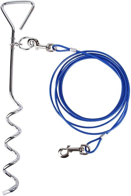 10ft (3M) Dog Tie Out Cable with 18" Spiral Ground Stake Spike - Out for Outdoor Yard and Camping - Small to Medium Dogs (10ft(3M) cable, 18" stake, Blue)