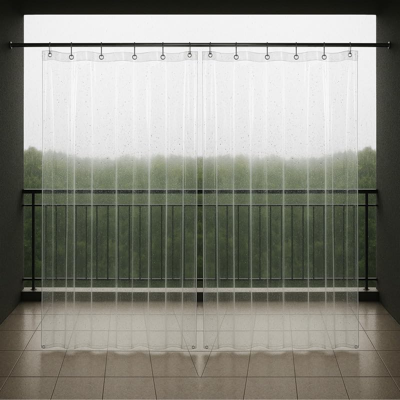 Image of MetDeals Waterproof Transparent PVC Self Fold Curtain with Rust-Proof Eyelets & J Hooks | Windproof & Dustproof Outdoor Curtain for Door,Window, Balcony & Patio Protection (4.5 X 8.5 Feet, 2 Piece)