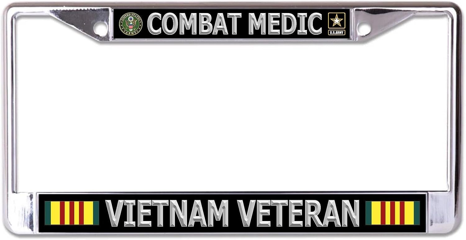 AWD 立体 chrome ナンバーフレーム 1枚 ナンバープレート ナンバーフレーム 車用 - COMMONWEALTH U.S. Army Combat Medic ベトナム退役軍人 クロームナンバープレートフレーム
