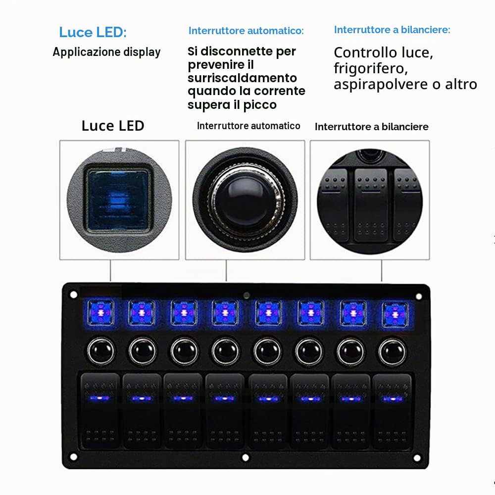 Riloer Pannello interruttori a levetta 8 vie, 12V 24V universale per barca, auto, marino, interruttori a levetta LED con indicatori, impermeabile, con luce verde/blu/rossa