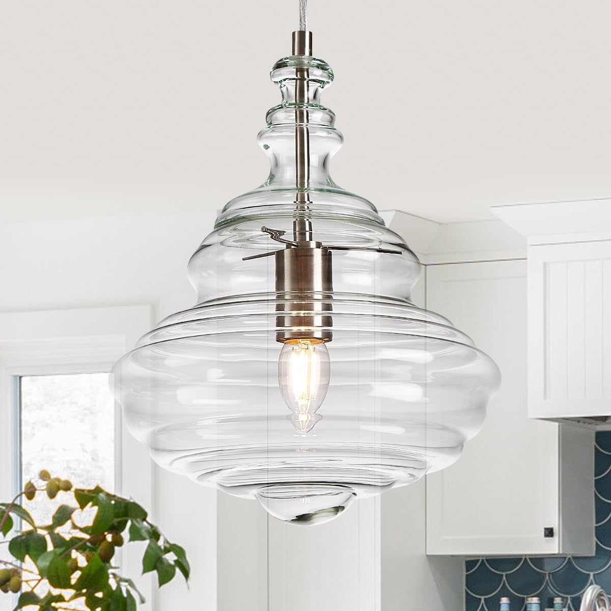 Glass Pendant Light 1-Pack Modern Nickel light fixture for Kitchen Over Sink 10.5’’ Contemporary Glass Hanging Chandelier Lighting for Dinning Room Bedroom Entryway Hallway Foyer, E26 Base