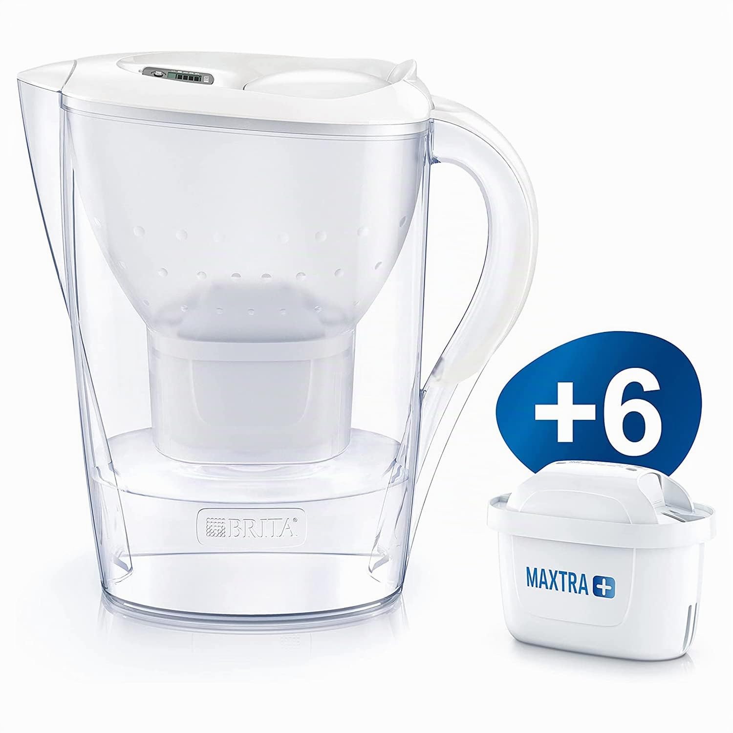 BRITA Caraffa Filtrante Marella per acqua, Bianco (2.4l) - incl. 6 Filtri MAXTRA+ per la riduzione di cloro, calcare e impurità