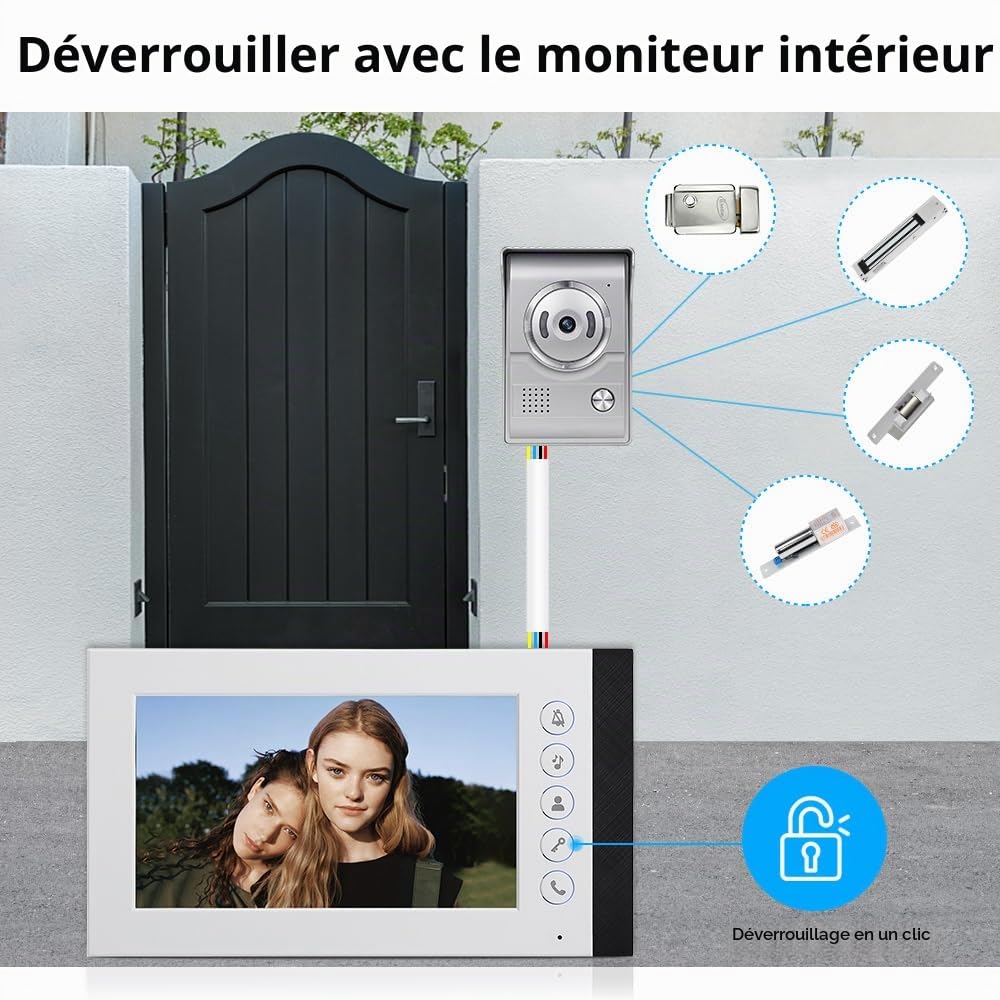 Système Interphone de Sonnette Vidéo Filaire de Couleur de 7 Pouces avec 2 Moniteurs, 90° 700TVL Caméra Sonnette IR Vision Nocturne, Audio Bidirectionnel, Surveillance, Déverrouillage