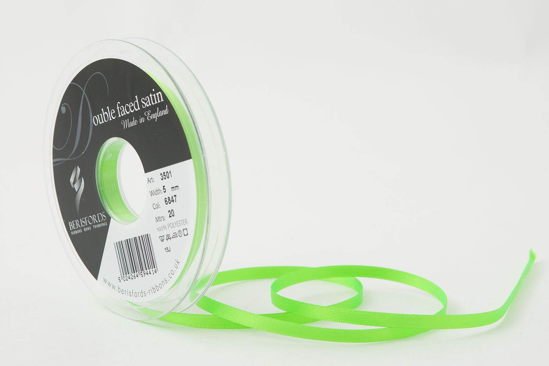 Berisfords Double FACE Poly Satin Ribbon, Flo Green, 5 mm