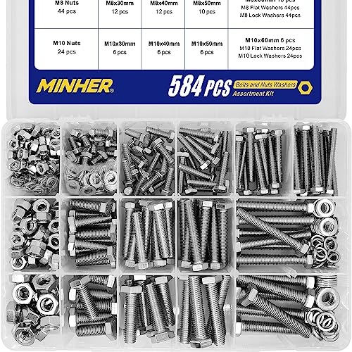 MINHER 584PCS M6 M8 M10 Heavy Duty Bolts and Nuts Assortment Kit 304 Stainless Steel(18-8) Hex Screws Nuts & Washerss kit,Includes 15 Regular Sizes(Large Box)