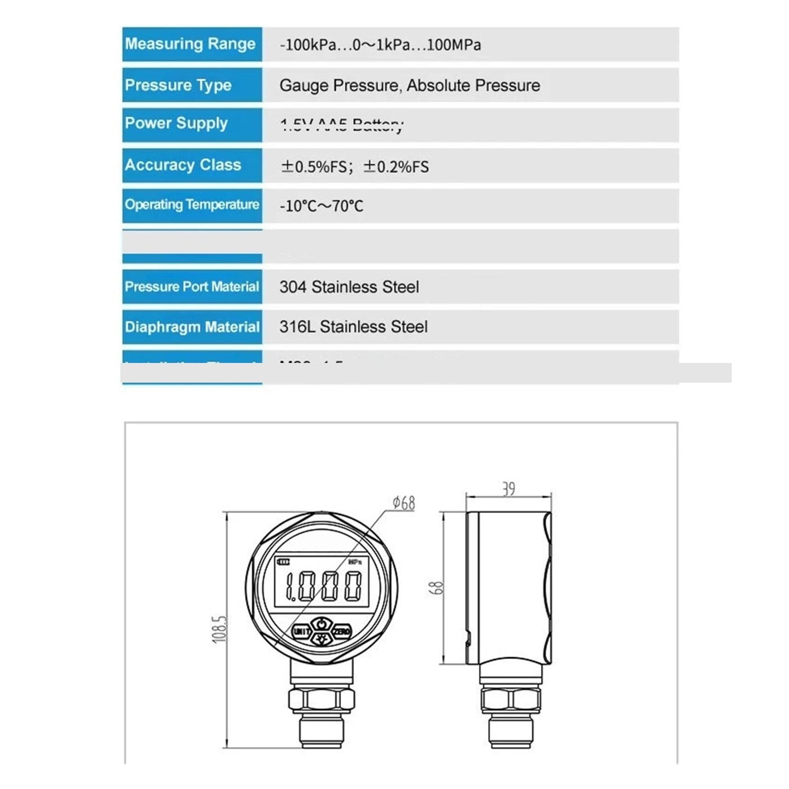 Digitales Manometer, YB60A G1/4 60 mm Compound-Vakuum-Manometer Peak Hold batteriebetrieben −100 kPa ~ 100 MPa(0-6KPA)