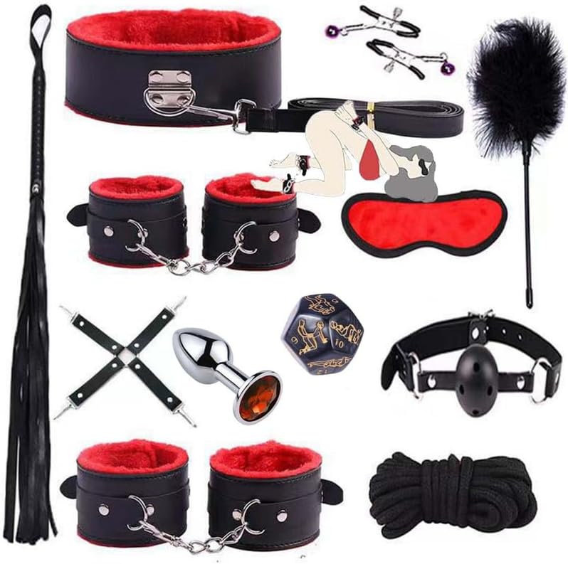 12-Piece Black Glossy Leather Fitness Kit (Red Plush Lining) - Targeted Support for Advanced Yoga and Duo Training