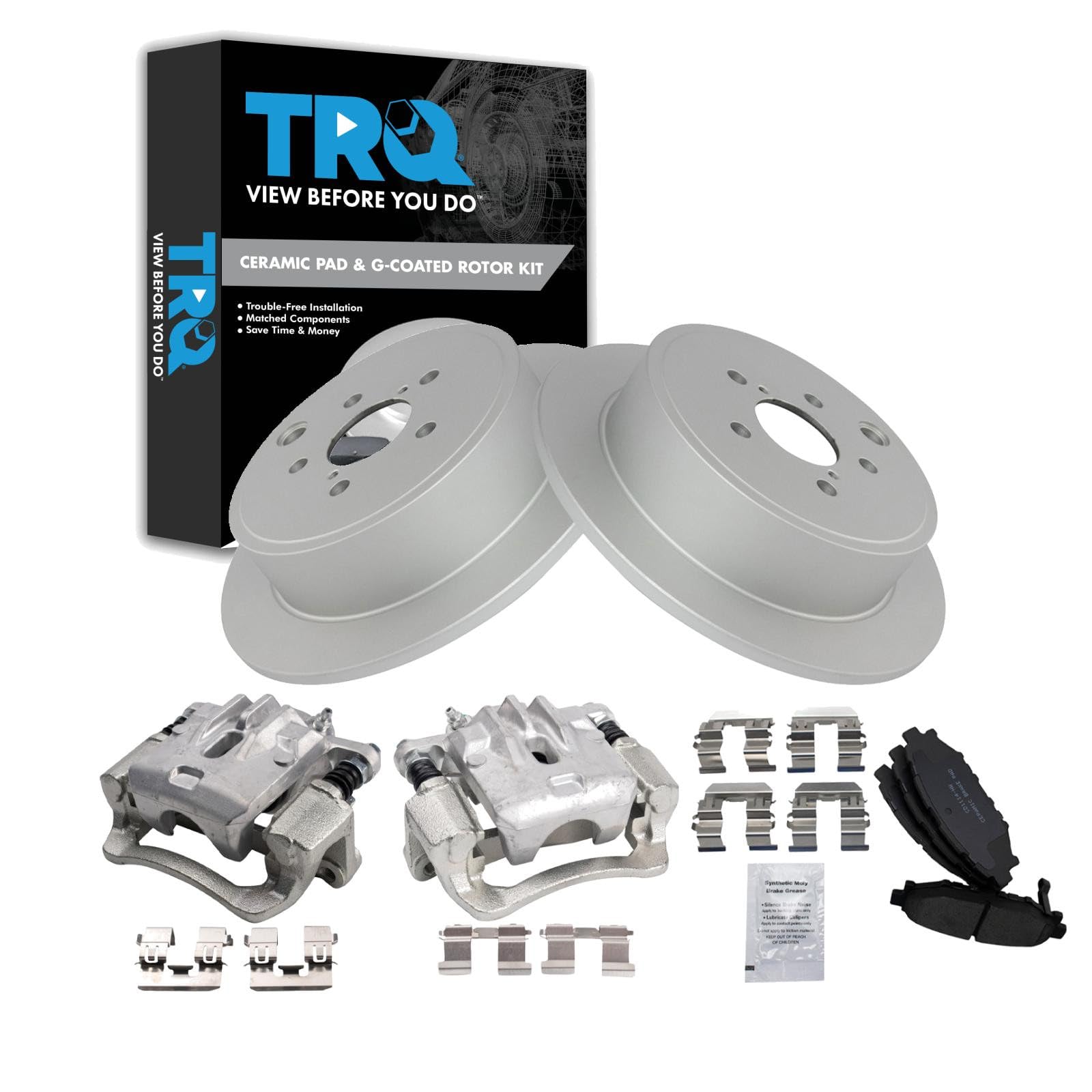 TRQ Rear Brake Pad and Rotor Set Ceramic Solid Rotors Calipers