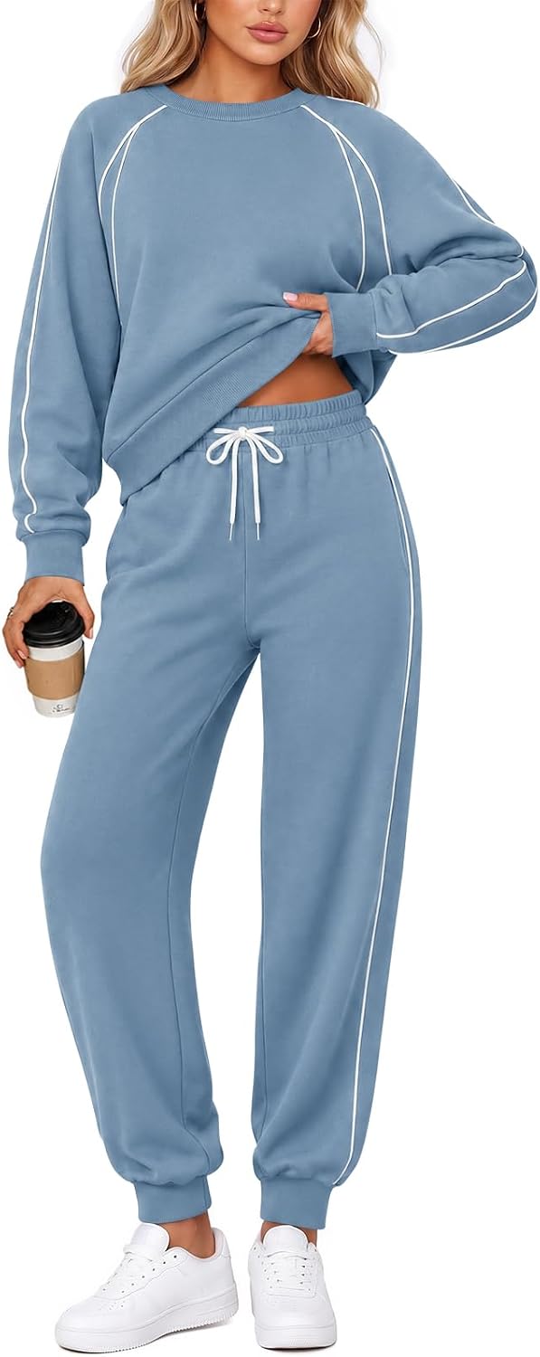 Womens Sweatsuits 2 Piece Outfits Track Suits Athletic Sets | Striped Sides, Crew Neck, Long Sleeve Pullover Sweatshirt, High Waisted Jogger Sweatpants, Workout Sweat Suits, Pockets