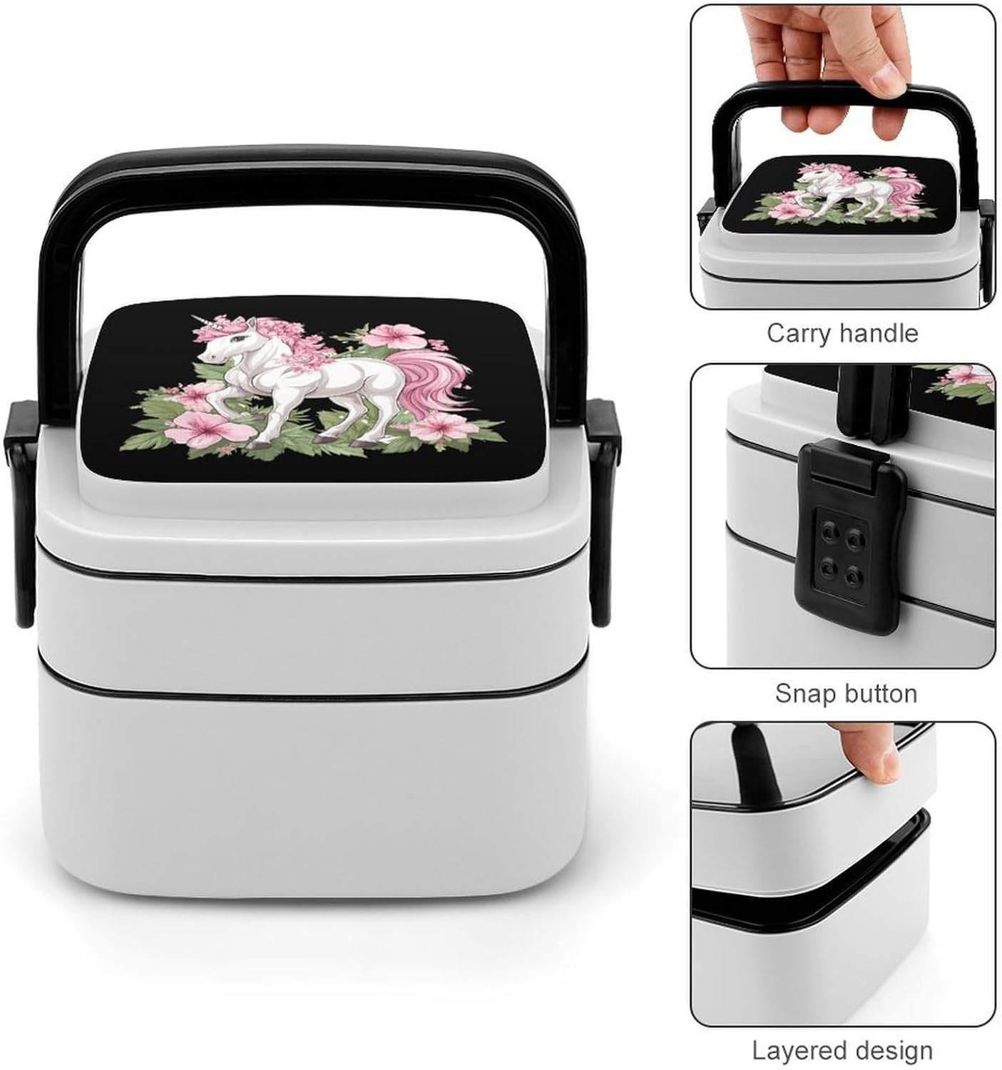 Floral Un-icorn Bento Box with Spoon 2 Layer Food Container Cute Lunch Box for Travel Dining Work
